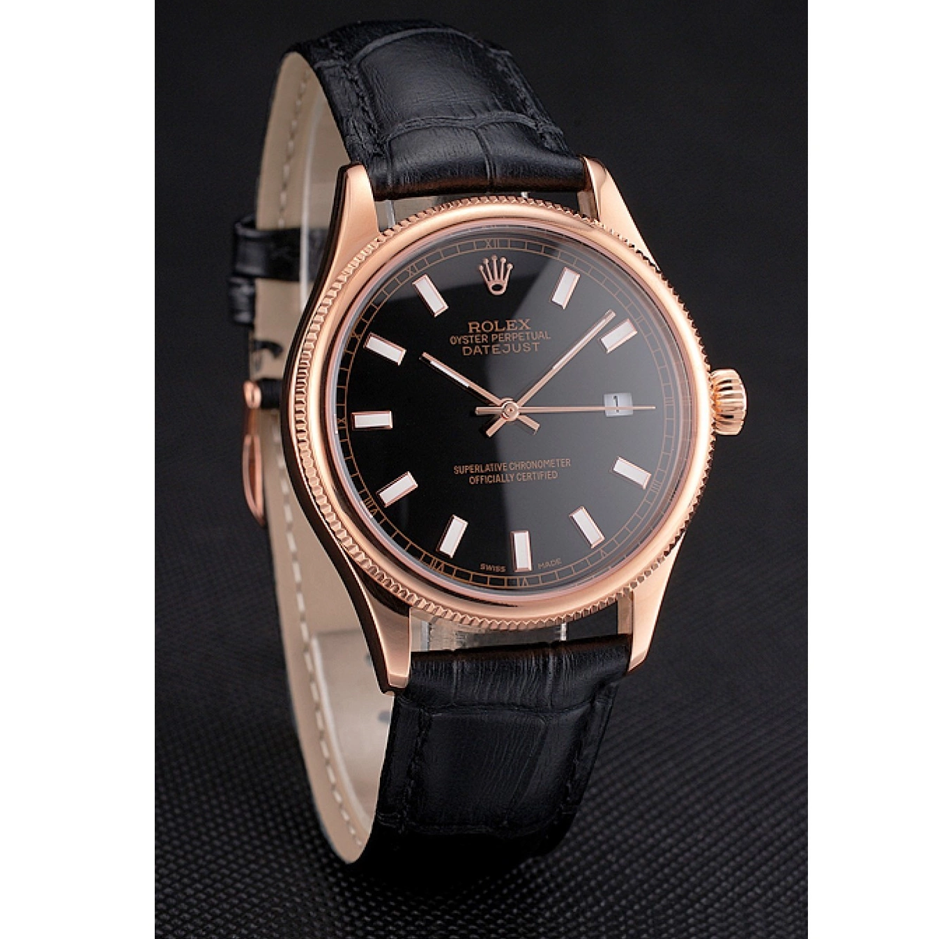 AAA replica watch Black Datejust Case Rose Black Swiss Leather Rolex Gold Dial Strap 0603